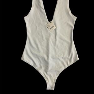 White Textured Bodysuit with Deep V-Neck and Wide Straps